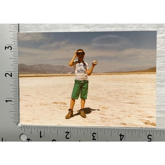 Boy with Binoculars Found Photo Snapshot 1988 Ghost Town Rhyolite Nevada - Picture 3 of 5